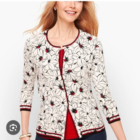 NWT Talbots Charming Women's Cardigan SZ Large Petite LP Floral Black/Red Preppy - Picture 1 of 11
